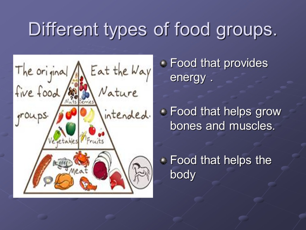 Different types of food groups. Food that provides energy . Food that helps grow